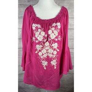 Andree By Unit Embroidered Boho Peasant Top Pink Large Floral